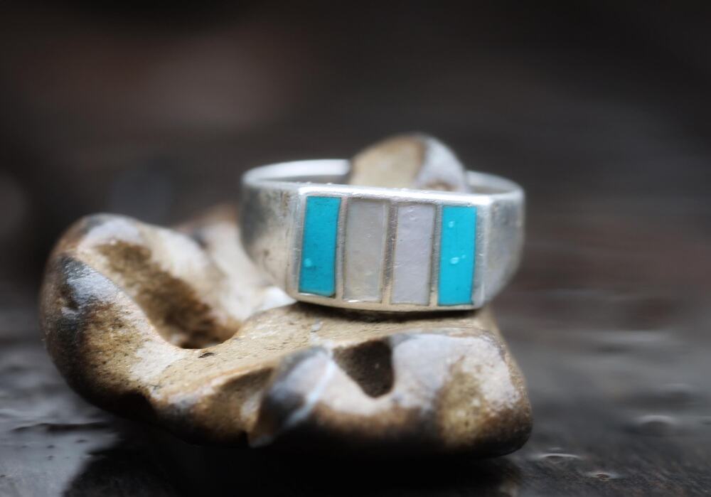 Vintage Zuni Style Sterling Silver Turquoise MOP Inlay, Mens Southwest, 11.75